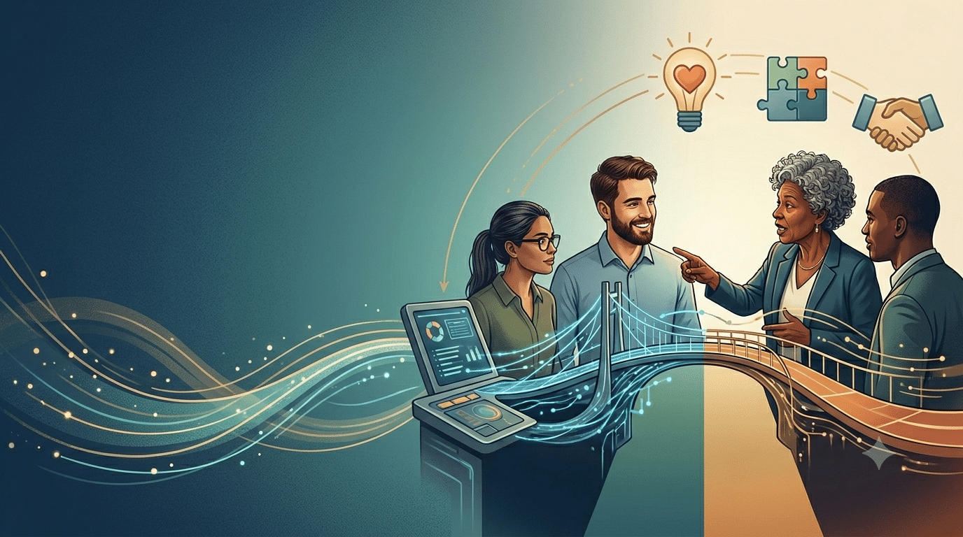 Diverse professionals collaborating around a digital bridge, with icons for ideas, teamwork, and partnership