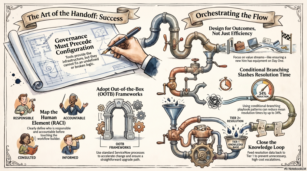 Infographic on workflow success: governance, RACI, OOTB frameworks, outcome-based design, branching, and knowledge loops